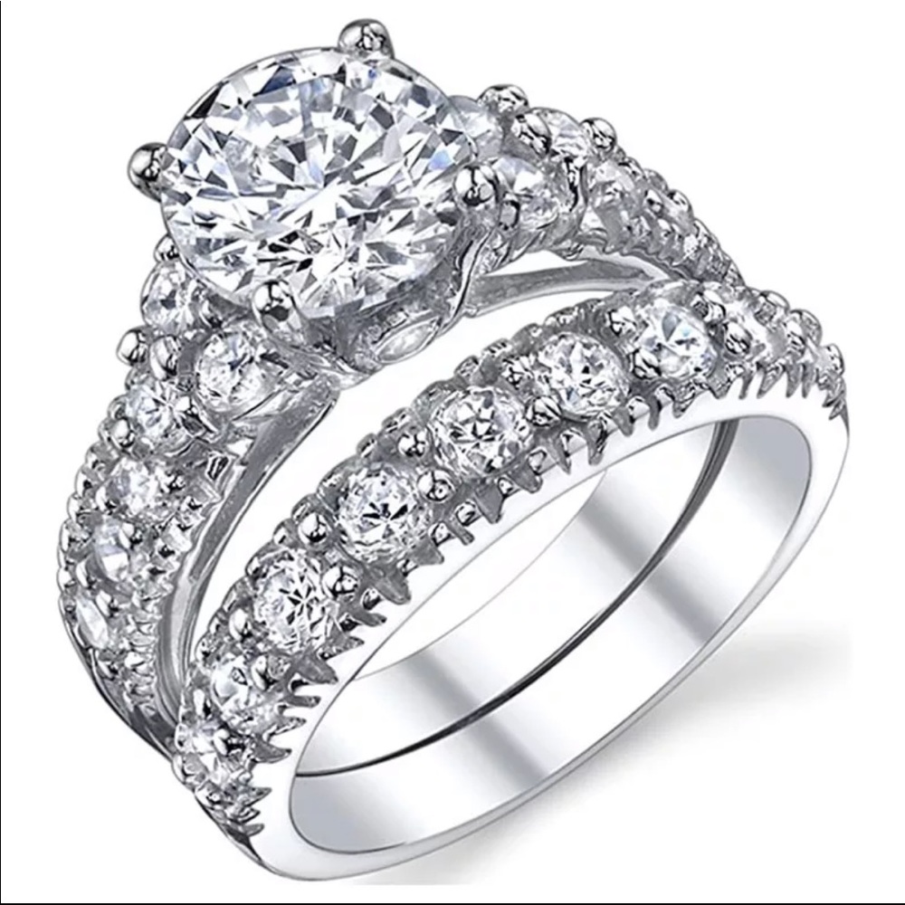New 2 ps Set 925 Silver Diamond Bridal Ring